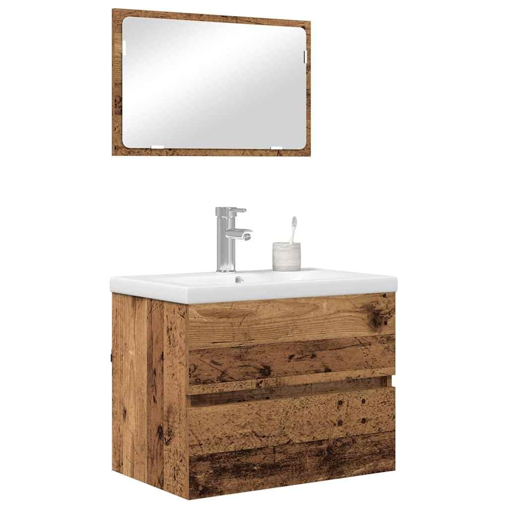 Juego de muebles de baño de madera recuperada, 61 x 39 x 45 cm, con lavabo y espejo, 2 cajones, mueble de baño, soporte de madera, diseño moderno para pequeños baños e invitados