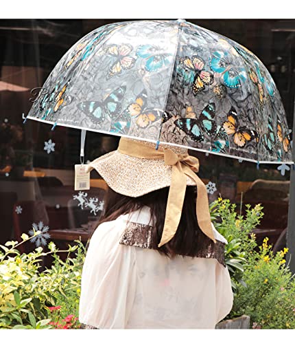ThreeH Clear Bubble Umbrella with Windproof Transparent Dome POE Canopy Beautiful Butterfly Patterns Curved Handle Automatic Open,Green