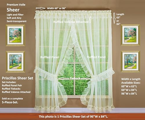 Image of Today's Curtain, Emelia Priscilla Sheer Pair 60 inch W x 84 inch L, Ecru, 5-Piece-Set