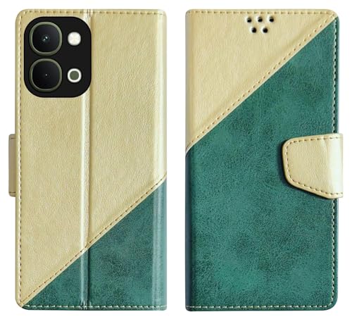 Image of Cover for Vivo T5x 5G / Y51 Pro 5G / iQOO Z11x 5G, Wallet Style, Leather Finish, Magnetic Closure, Inbuilt Stand, Card Pocket (Golden&Green)