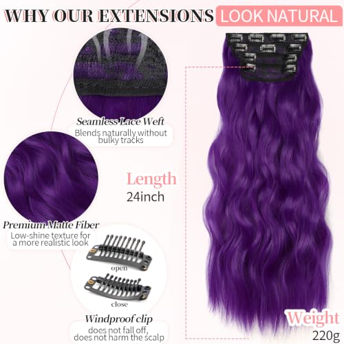 Image of KooKaStyle Clip in Synthetic Hair Extensions Long Wavy 4PCS Thick Hairpieces Electric Purple Fiber Double Weft Natural Hair Extensions 24 Inch for Women