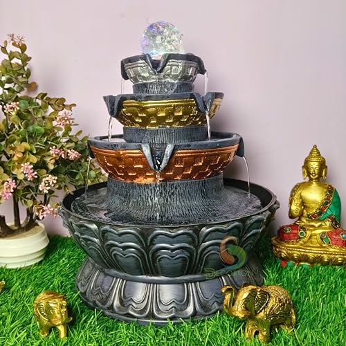 Image of Decorative Table Top Water Fountain for Home Decor /Office /Indoor & Outdoor /Garden /Puja Room /Vaastu with Multicolor LED Light and Adjustable Water Pump (Round Fountain D-064)