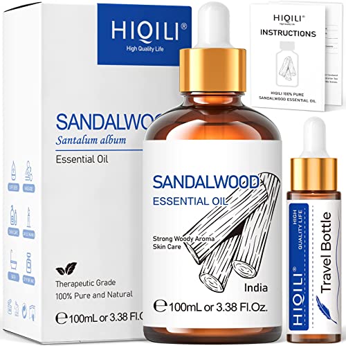 HIQILI Sandalwood Essential Oils 3.38 Oz, Premium Sandalwood Oil for Diffuser, Candle Soap Making, Perfume DIY, Men, Women-100ml