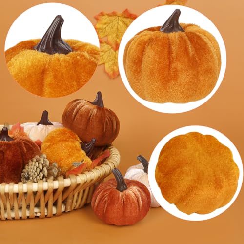 16Pcs Fall Artificial Velvet Pumpkins, 3 Sizes Orange Brown Beige Rust Fake Small Foam Pumpkins for Decorating Autumn Fall Farmhouse Home Harvest Thanksgiving Halloween Wedding Table Centerpiece Decor
