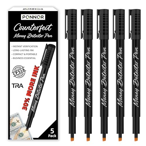 PONNOR Counterfeit Money Detector Pen (5 Pack) Bill Marker Universal False Currency Checker Cash Tester with 30% More Ink with Upgraded Chisel Tip for Personal & Commercial Use