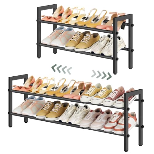 FAVOOSTY Étagère à Chaussures Extensible à 2 Niveaux, Rangement Ajustable pour Chaussures, en Métal, réglable, Peu encombrante, Robuste, pour Entrée, Placard, Assemblage Facile,Noir