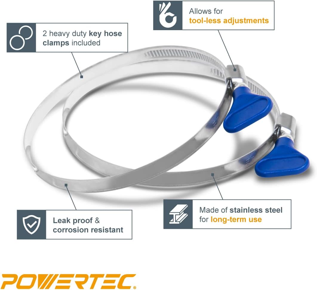 POWERTEC 2-1/2" x 20' PVC Dust Collection Hose with 2pcs Stainless Steel Key Hose Clamps for Table Saw, Band Saw, Router Table, Belt Sander, Woodworking and Wood Shop Dust Collection System (70243V)