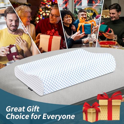 Memory Foam Pillows Neck Pillow for Pain Relief, Ergonomic Cervical Pillow Neck Shoulder Support Bed Pillow for Side Back Stomach Sleeper, Orthopedic Contour Pillow for Sleeping(Blue&White)