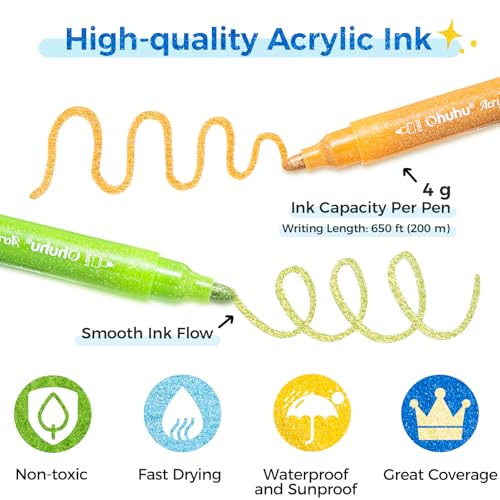Image of Ohuhu Acrylic Glitter Markers, 24 Metallic Glitter Colors, Fine Tip Paint Pens for Fine Details & Shimmer Accents, Water-Based & Quick Dry, for DIY Crafts, Cards, Journals, Wood & Rock, Medium Tip 3mm