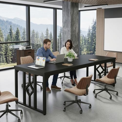 Image of Executive Computer Desk|Large Workstation Tables for Home & Workplace | Wooden Top with Heavy-Duty Metal Frame|Office Table for Work| Conference Setup & Director Use| Black |200x70x75 CM