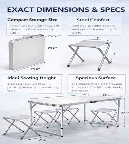 Image of Yorten Picnic Table with 4 Stools Set, Aluminum Lightweight Outdoor Table Foldable Travel Dining Table with Carry Case, for Camping, Picnic, Garden, Beach & Travel (Umbrella is not incluted)