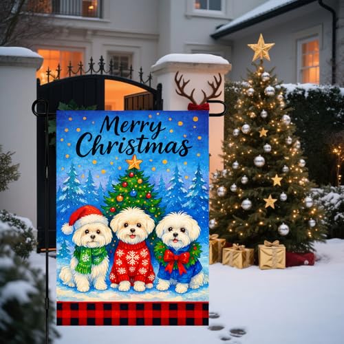 Image of BlissYard Christmas Bichon Dogs Garden Flag 12x18 Inch Polyester