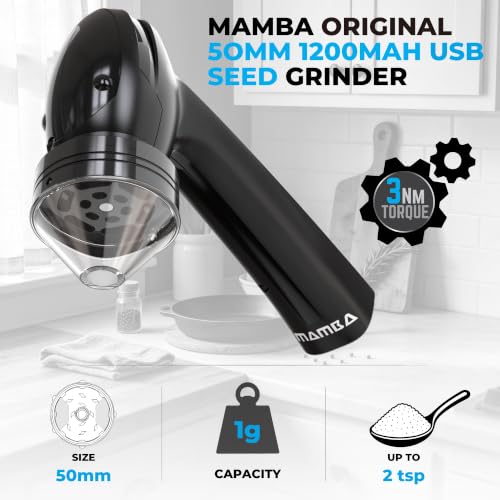 Image of Mamba Original Electric Seed Grinder, USB-C Rechargeable Spice Mill, Black | 1g, kitchen seasoning for meal prep, coarse-to-fine textures, 1200 mAh battery, aluminium teeth, 3 Nm torque, easy filling