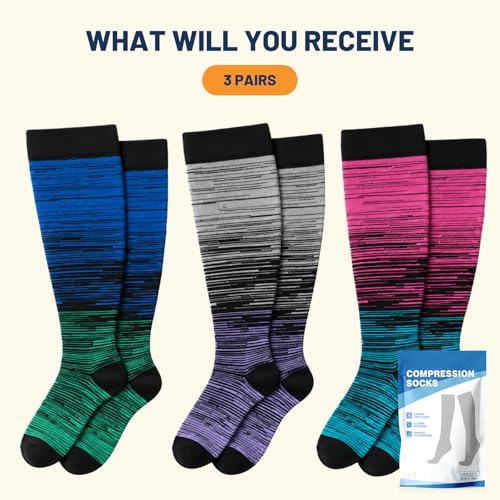 Image of Plus Size Compression Socks 20-30mmHg Wide Calf for Women Men | Extra Large Knee High Compression Socks for Flying, Travel, Nurses, Pregnancy, 3Pairs
