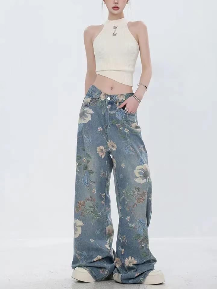 Unisex Flower Print Baggy Jeans Vintage Cowboy Harajuku Wide Leg Trashy Grunge Y2k Hip Hop Loose Fit Streetwear4