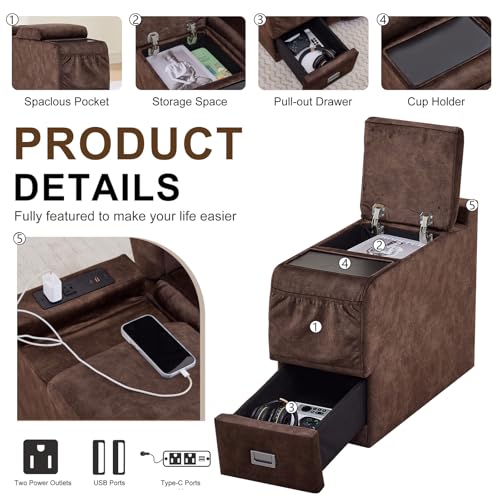 Image of DRMBOOK Power Recliner Chair, Electric Wall Hugger Reclining Sofa with Massage & Heat, Modern Theater Seating with LED Light /USB Port /Cup Holders for Living Room (Velvet Brown, 1 Chair with Console)