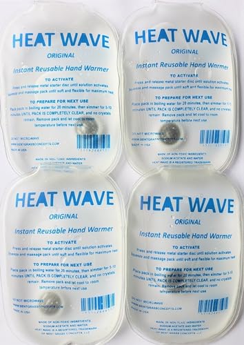 Heat Wave Instant Reusable Heat Packs Small 4-Pack Clear: Instant Reusable Hand Warmers for Camping, Hiking, and Pain Relief (3” x 5”), Click Heat Safe, Non-Toxic and Made in USA