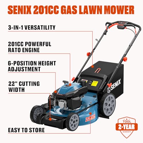 Image of SENIX 22 inch 201cc Variable Speed Rear Wheel Self Propelled Gas Lawn Mower | 4-Cycle OHV Engine, 3-in-1 Mower with Bagging, Mulching & Side Discharge, 6-Positions Adjustable Height