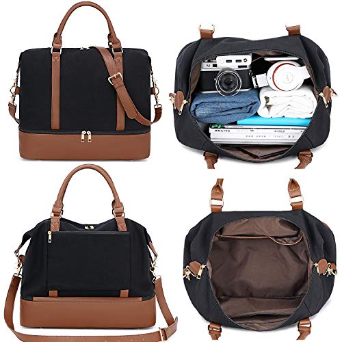 BLUBOON Weekender Overnight Bag for Women Ladies Travel Tote Duffel Bag with Shoe Compartment Canvas Carry On Bag for Airplanes (289 Black)