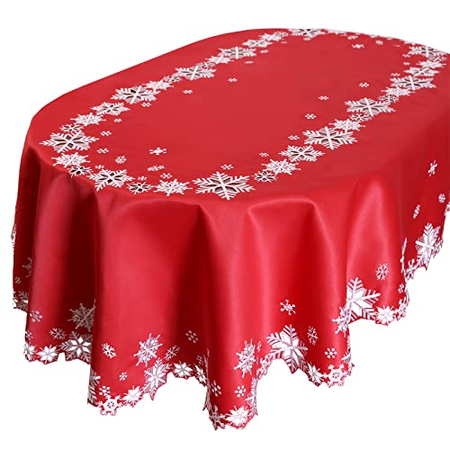 Embroidered Snowflakes Tablecloths, Christmas/Winter (Oval 57x84) Red