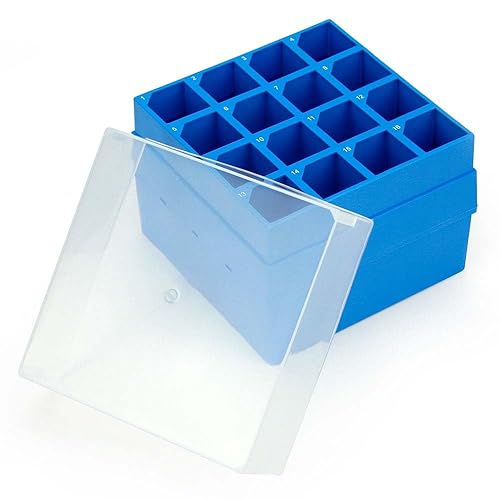 Globe Scientific 3059 Caja de almacenamiento con tapa para tubo de centrífuga de 1.7 fl oz, 16 lugares, 4 x 4, PP, base azul y tapa transparente,