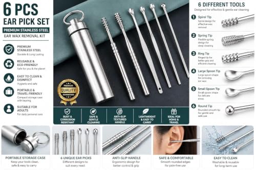 Image of Stainless Steel Ear Wax Removal Kit with Storage Case, (6 Pc SET)