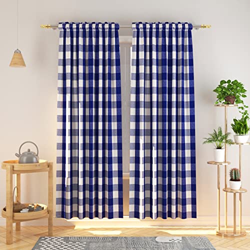 NATUS WEAVER Buffalo Check Cotton Curtains 84 inch Length Kitchen Living Room Bedroom Navy Blue and White Gingham Plaid Window Curtain Basement Drapes 2 Panels Rod Pocket Window Treatment Set