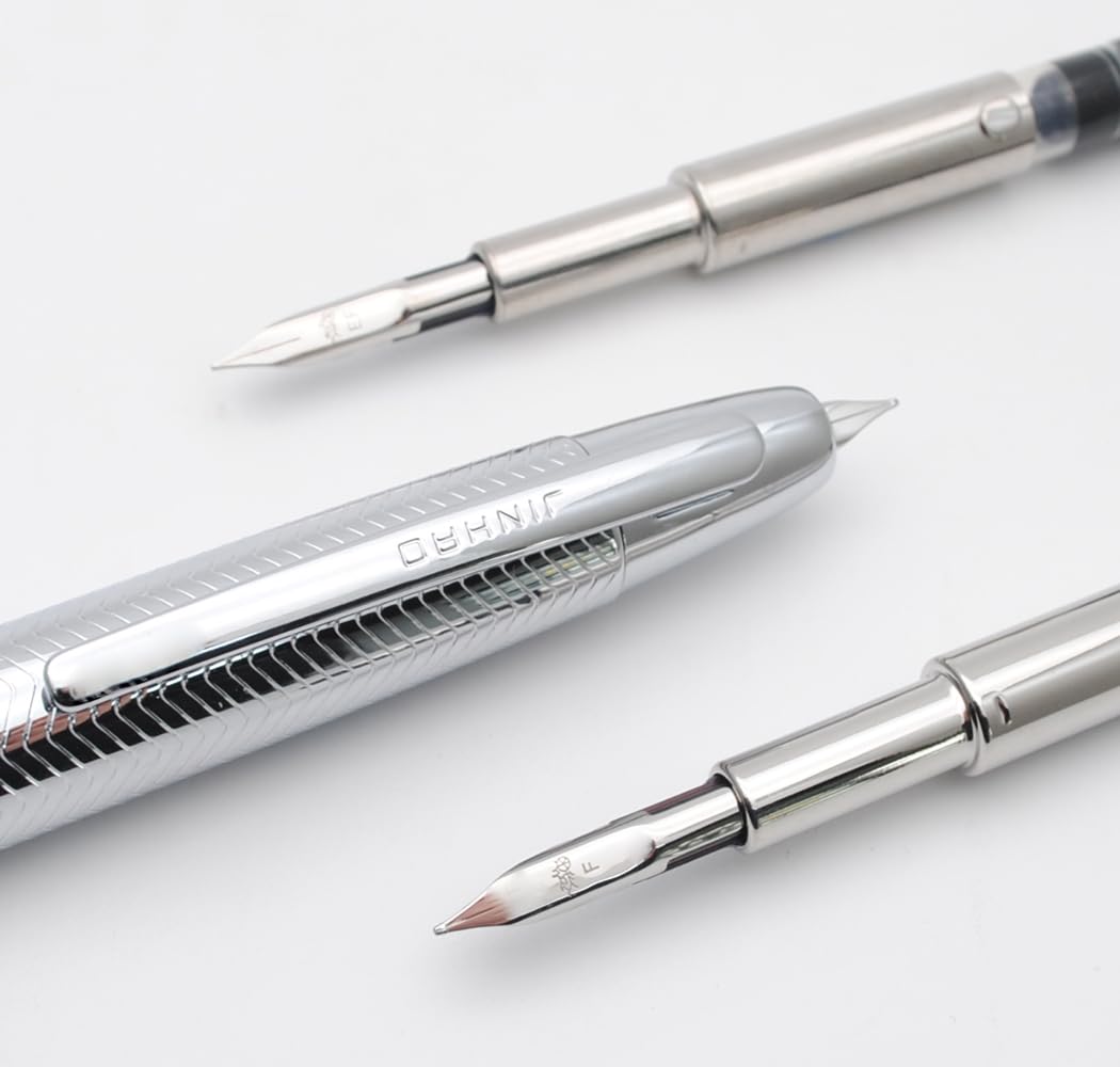 JINHAO 10 Press Fountain Pen Retractable Metal Pen with Ink Converter (Extra Fine Nib, Silver Ripple) - Image 2