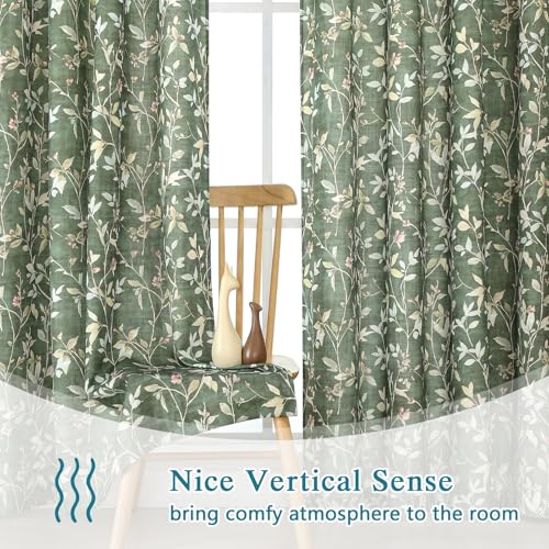 Image of Chyhomenyc Linen Blend Window Curtains 63 Inch Length 2 Panels, Light Filtering Floral Printed Curtain Drapes for Living Room, Rod Pocket Soft Bedroom Curtain Panels, 38Wx63L Inch, Green