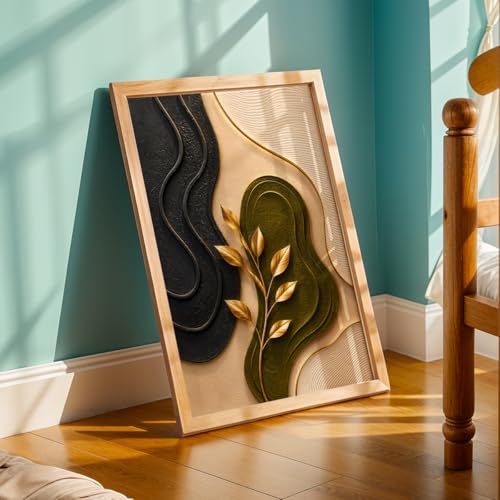 Image of NoWorries 3D Abstract Botanical Wall Painting with Frame Set of 1 | Premium Textured Gold Leaf Artwork, Modern Black Green Beige Nature Wall Decor for Living Room, Bedroom, Office and Home Decoration (3d Art-9,13x19inch)