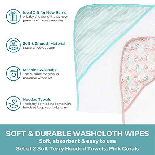 Image of Spasilk Extra Plush Hooded Towel Set for Babies, Soft Terry with Muslin Printed Hood, Pack of 2, Pink Corals