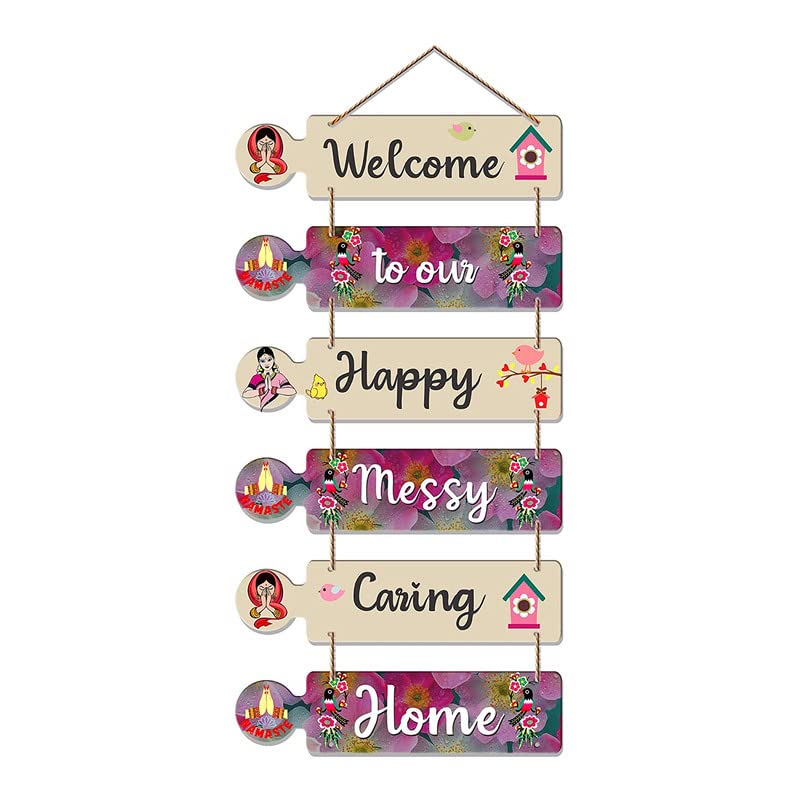 Image of Welcome to Our Happy Messy Caring Home Wall Hanging Decor | Wooden Hanging Quote Sign for Living Room, Bedroom, Entrance | Home Decoration Item