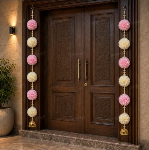 Image of DivyaKosh Floral Hanging Toran for Door & Wall Decor, Pack of 2, 36 Inch, 6 Flower, Pink Ivory, Pearl Beads & Golden Chhatra, Festive Home Decor