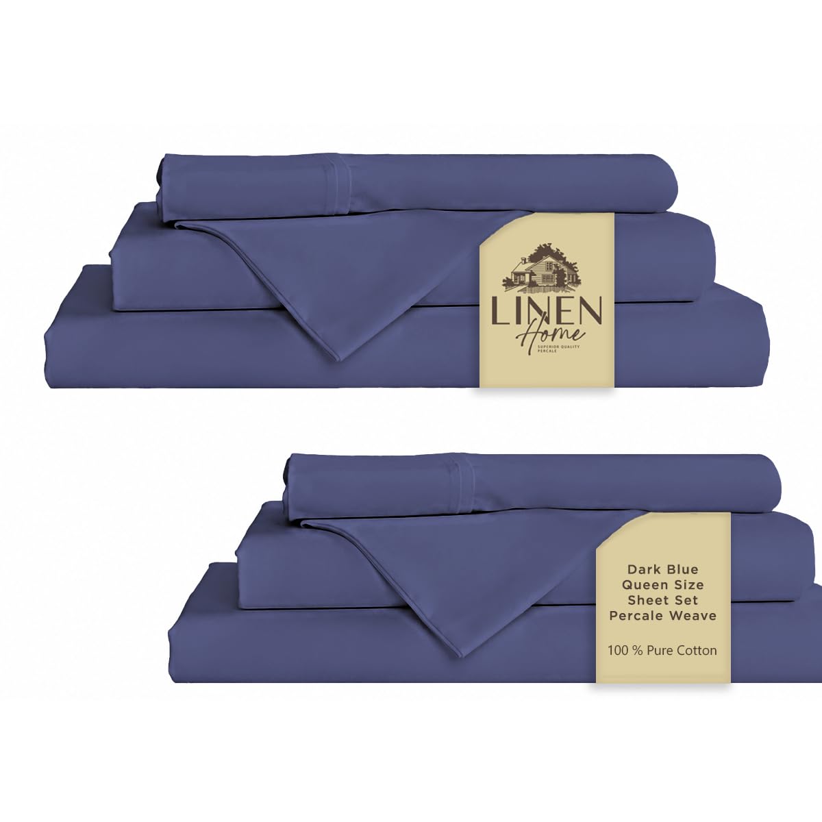 Linen Home 2-Pack Queen Sheet Set, 100% Cotton Percale Bedding, 8-Piece Value Bundle, Deep Pocket Cooling Bed Sheets for Hot Sleepers, Breathable &amp; Crisp Hotel Quality, Long-Staple Cotton, Dark Blue