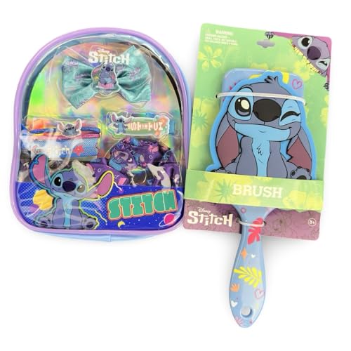 Conjunto de acessórios de cabelo Disney Stitch, estojo de armazenamento holográfico com laços de cabelo, clipes, bandas, kit de beleza para meninas