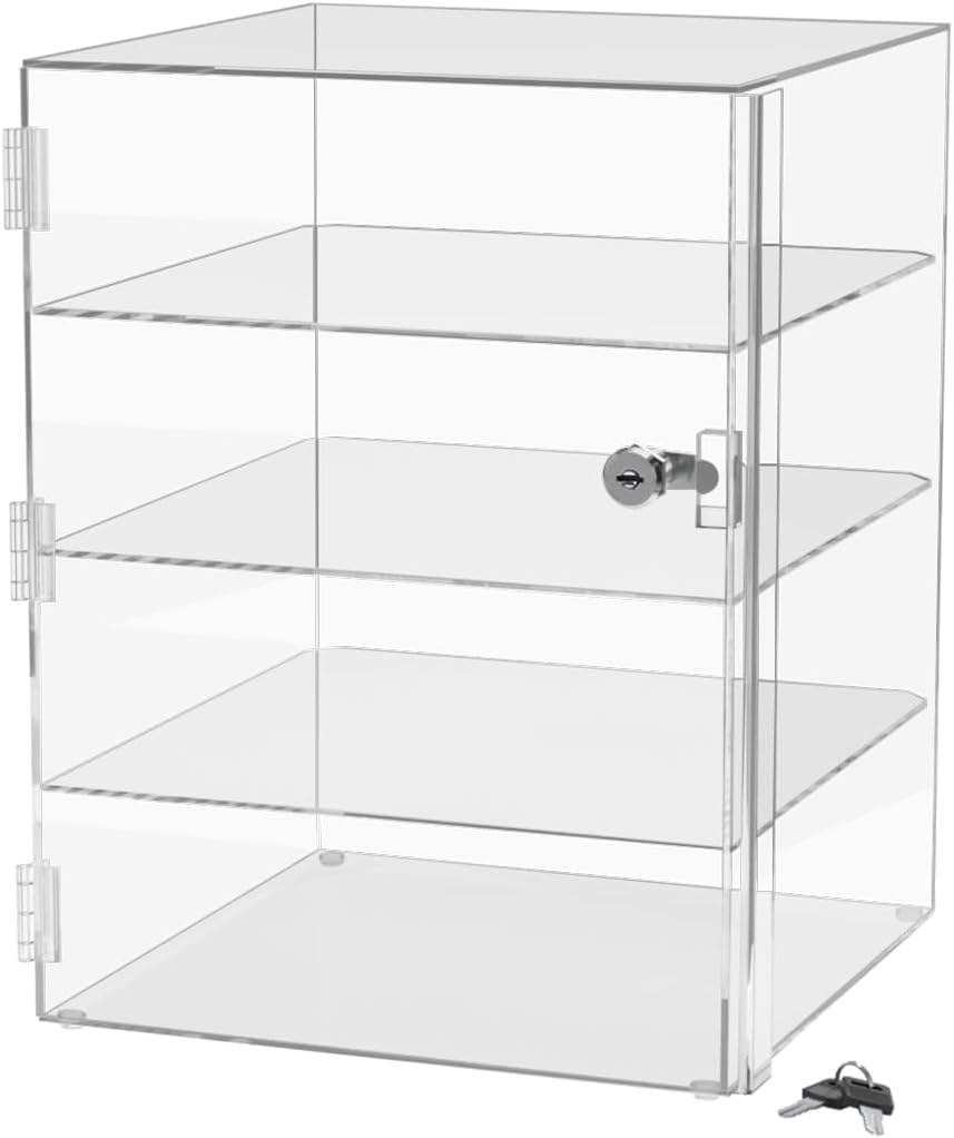 Marketing Holders Acrylic Locking Vertical Cabinet with 3 Shelves and Keys 12 x 12 x 16 Clear Countertop Hinged Swing Door Locker for Retail Products and Convenience Stores Merchandise