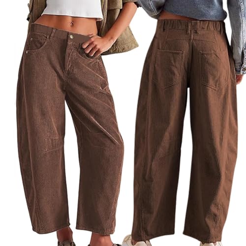 Bowanadacles Women Corduroy Capri Pants Solid Color Wide Leg 3/4 Length Long Pants Corduroy Low Waist Trousers with Pockets3