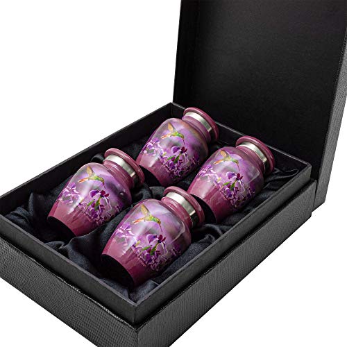 Trupoint Memorials Small Urns for Human Ashes Keepsake, Female Burial Urn, Decorative Mini Cremation Urn for Adult Men & Women – Set of 4, Purple Hummingbird