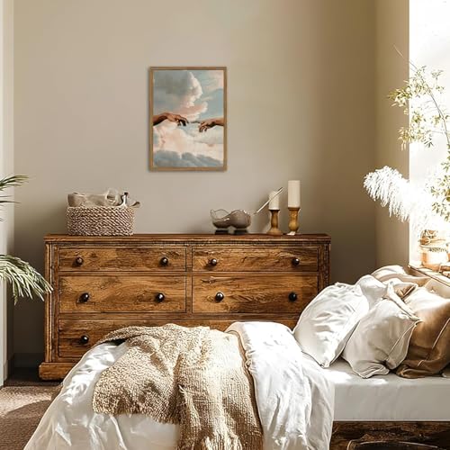 Image of Vintage Wall Art Christian God Hand Wall Decor Painting The Creation of Adam Poster Canvas Prints Religious Creation Artwork for Prayer Room Living Bedroom 12x16 inch Wood Framed