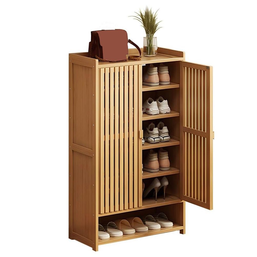Meuble à chaussures en bambou premium à portes ajourées de qualité