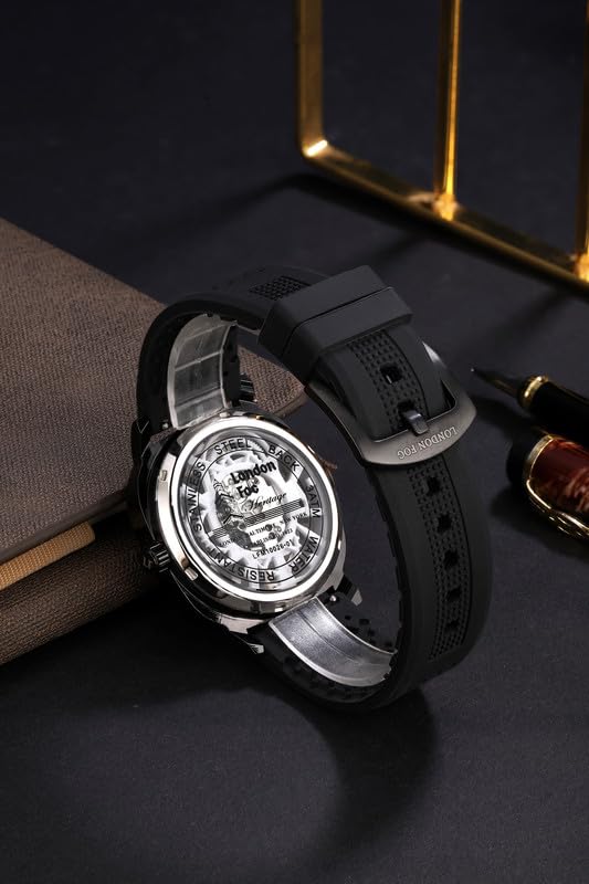 Image of London Fog Strand Collection Skeleton Style Quartz Watch for Men with Cushion Shaped Case, Date Display, Luminous Hands & Baton Hour Markers and Perforated Silicone Strap - LFM10026