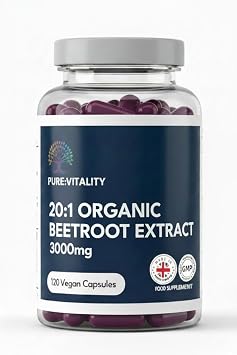 Pure Vitality Organic Beetroot Capsules 3000mg | High Strength Blood Pressure & Digestion Support | Nitric Oxide Superfood Booster | 120 Vegan Capsules