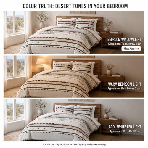 Image of Hyde Lane Boho Queen Comforter Set - 3-Piece Shabby Chic Bedding Sets, Farmhouse Bed Comforter with 2 Pillow Shams, All Season Cotton Top, Desert Tufed