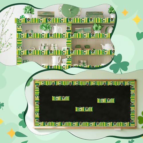 Image of BeYumi Shamrock Bookshelf Border Trim - 65ft St Patrick's Day Green Books Rolled Border Trim Green Shamrock Bookshelf Bulletin Board Set Library Classroom Office Chalkboard Home Wall Party Decoration