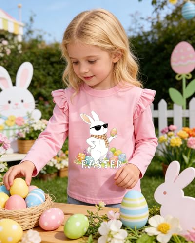 Image of Tkria Toddler Girls Happy Easter T-Shirt Bunny Eggs Ruffle Long Sleeve Shirt Kids Tee Top 2-7T