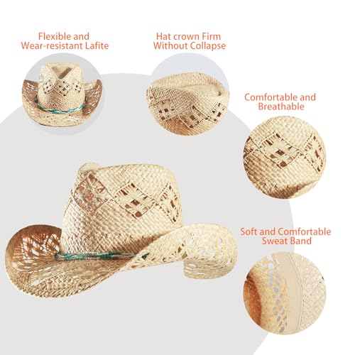 Image of Men's Cowboy Hats Summer Women Beach Cowgirl Hat Raffia Unisex Western Sun Hat