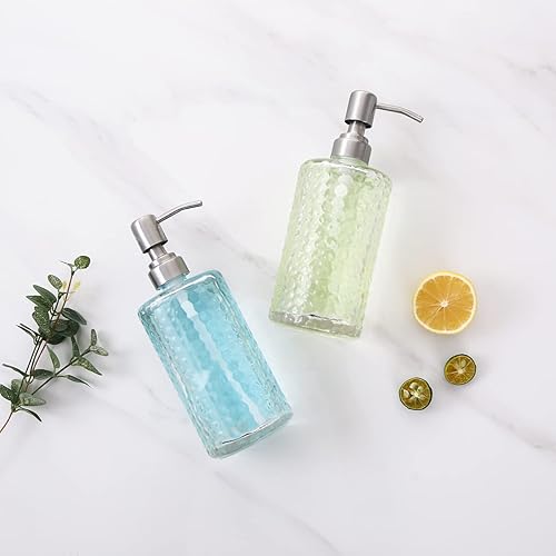 Miniatura 6 de Dispensador de jabón de vidrio con diseño martillado transparente de 14.5 onzas con bomba de acero inoxidable 304 a prueba de óxido, dispensador de