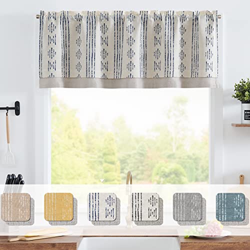 Vangao Boho Curtains Linen Valance For Kitchen Grey Farmhouse Geometric Striped Mudcloth Double Layer Blackout Rod Pocket Window Topper Treatment Country Curtain 18 Inch 1 Panel Blue On Beige #TOP2