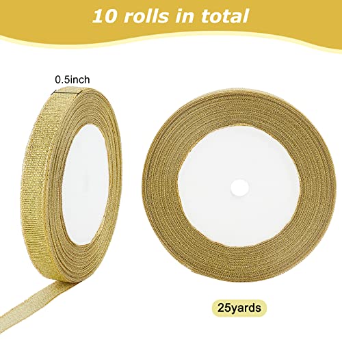 Ph Pandahall 250 Yards (10 Rolls) 1/2" Gold Organza Ribbons Sparkly Metallic Ribbons For Jewelry Crafting Gift Wrapping Wedding Party Decoration And Hair Bows Floral Projects #TOP1