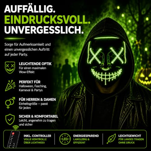 Costumed Halloween Maske Purge LED grün - Kostümmaske steuerbar für Halloween, Fasching & Karneval als Kostüm & Verkleidung für Herren &… – Ansicht 7